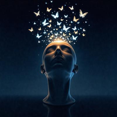 The primary subject of the image is a head with a light shining on it, creating a sense of illumination. The setting is a dark background, which contrasts with the light source. The visual style is a combination of photo and digital art, as the image features a realistic head with a light source, but also has a digital art-like quality to it. The colors and mood of the image are predominantly dark, with the light source providing a sense of warmth and brightness.